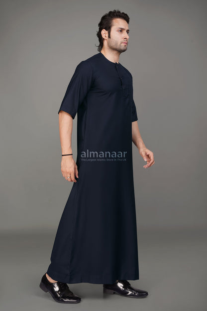 Navy Blue Short Sleeve Thobe With Buttons-almanaar Islamic Store