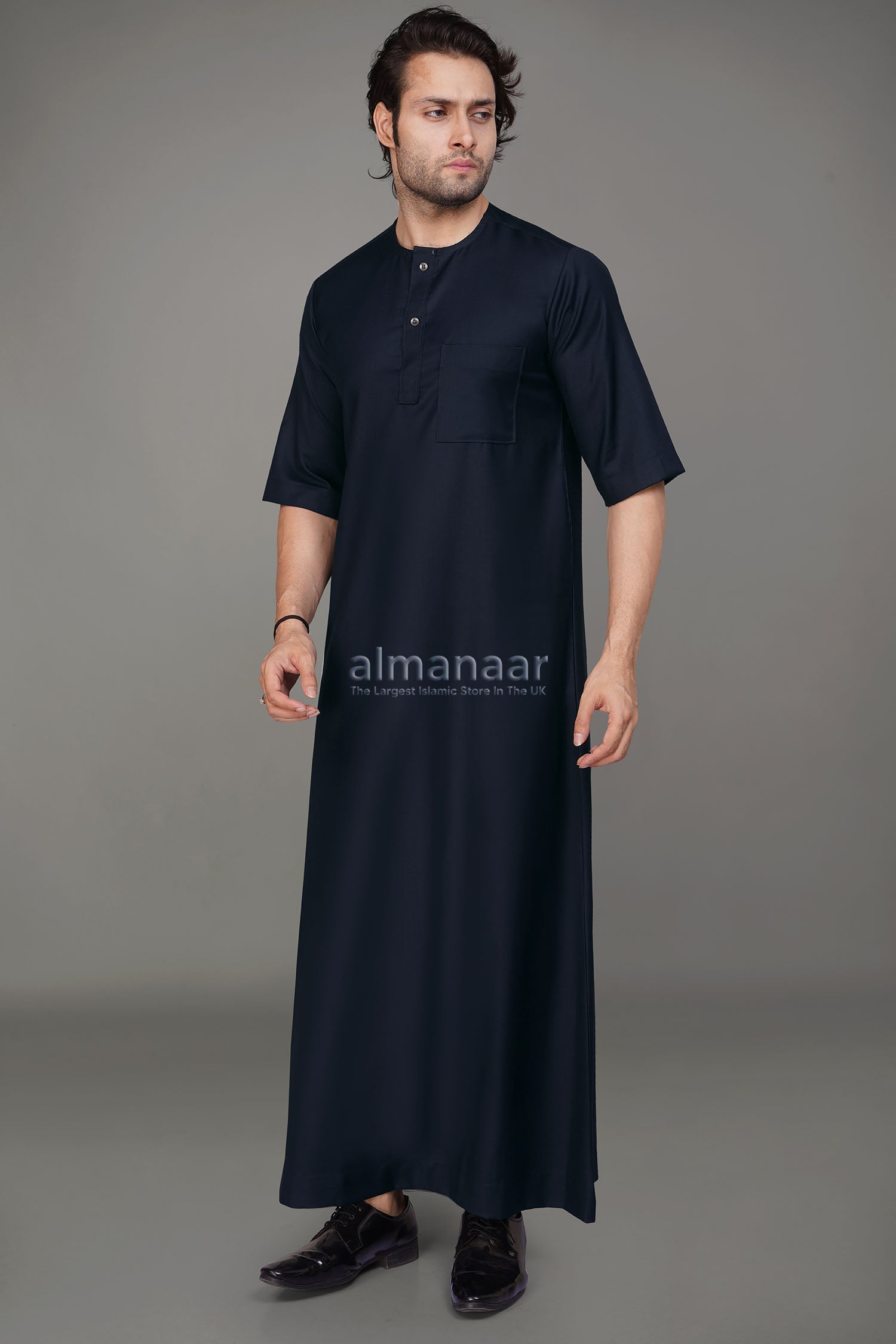 Navy Blue Short Sleeve Thobe With Buttons-almanaar Islamic Store