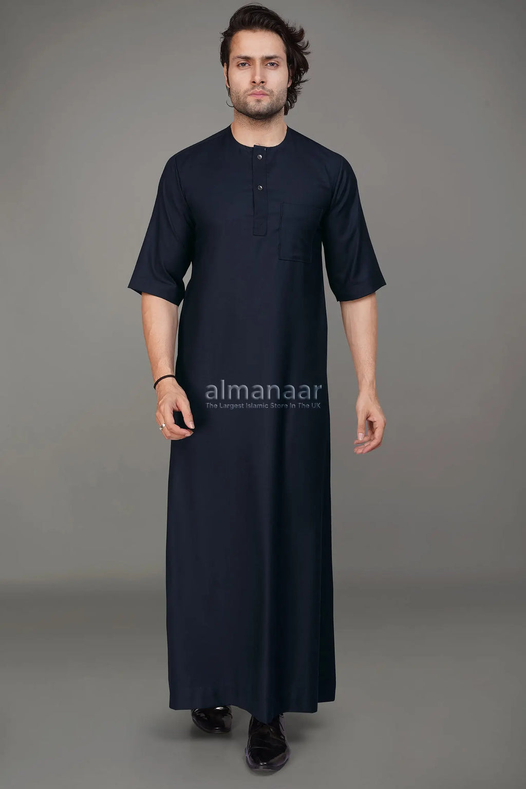 Navy Blue Short Sleeve Thobe With Buttons-almanaar Islamic Store