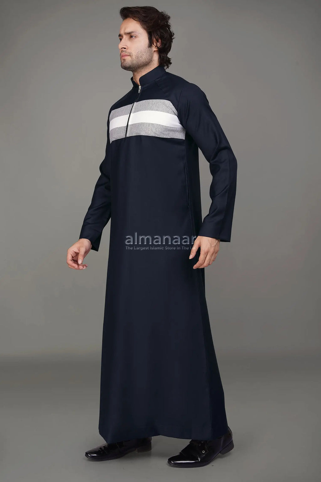 Navy Blue Thobe With Chest Stripe Design & Zipped Collar-almanaar Islamic Store