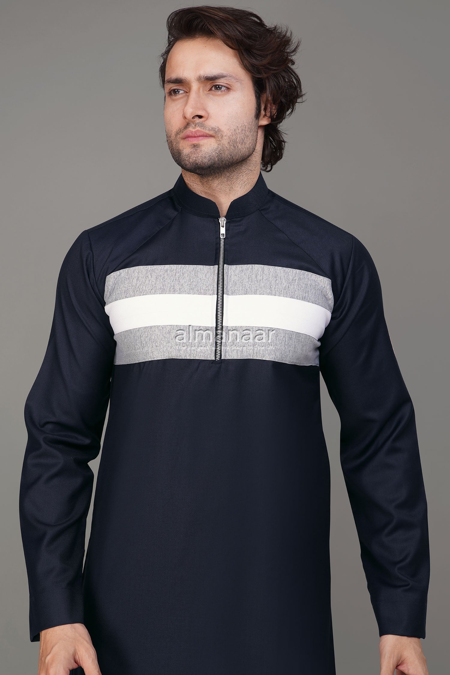 Navy Blue Thobe With Chest Stripe Design & Zipped Collar-almanaar Islamic Store