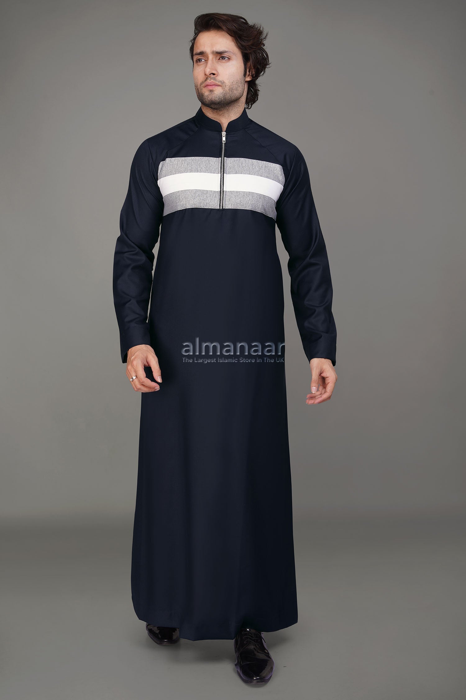 Navy Blue Thobe With Chest Stripe Design & Zipped Collar-almanaar Islamic Store
