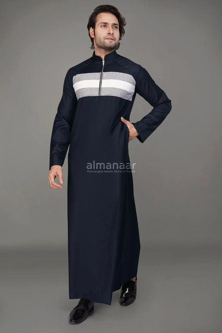 Navy Blue Thobe With Chest Stripe Design & Zipped Collar-almanaar Islamic Store