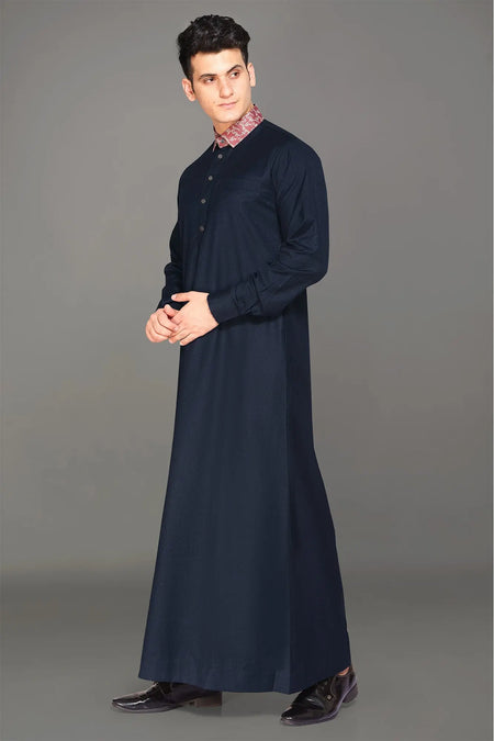 Navy Luxury Thobe With Printed Collar-almanaar Islamic Store