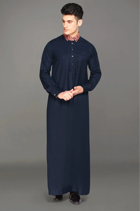 Navy Luxury Thobe With Printed Collar-almanaar Islamic Store