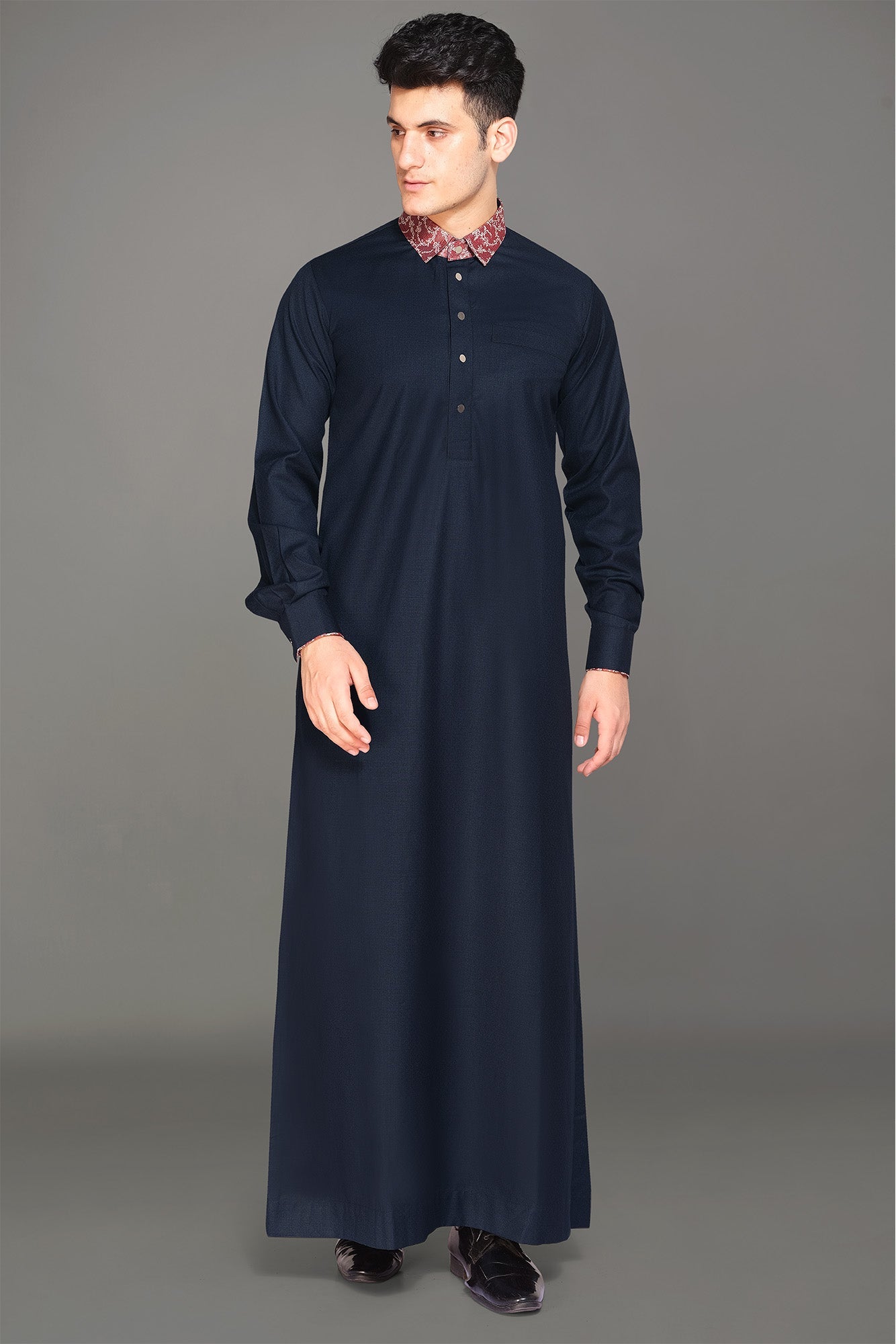 Navy Luxury Thobe With Printed Collar-almanaar Islamic Store
