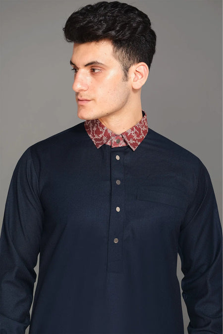 Navy Luxury Thobe With Printed Collar-almanaar Islamic Store