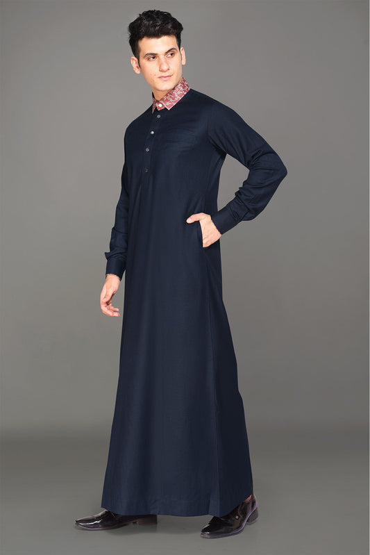 Navy Luxury Thobe With Printed Collar-almanaar Islamic Store