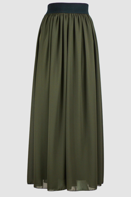 Olive Green Chiffon Flared Skirt With Inner Layer-almanaar Islamic Store
