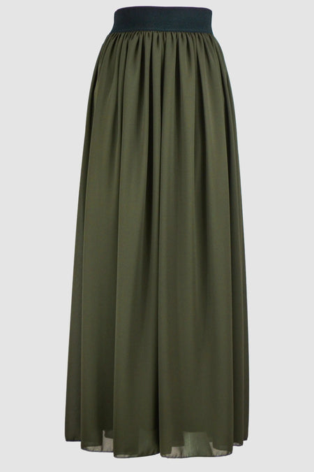 Olive Green Chiffon Flared Skirt With Inner Layer-almanaar Islamic Store