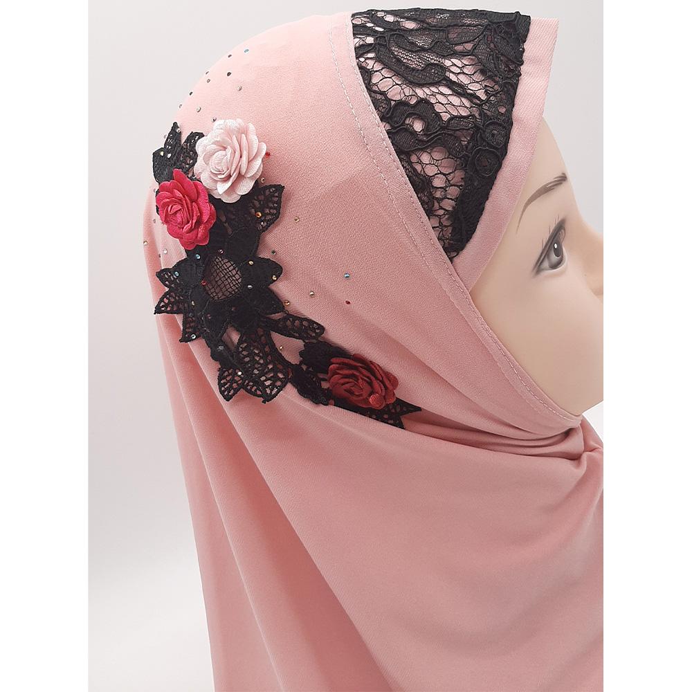 Pink Fancy Three Flowers Design Pull on Hijab-almanaar Islamic Store