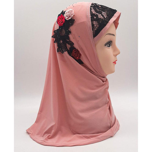Pink Fancy Three Flowers Design Pull on Hijab-almanaar Islamic Store