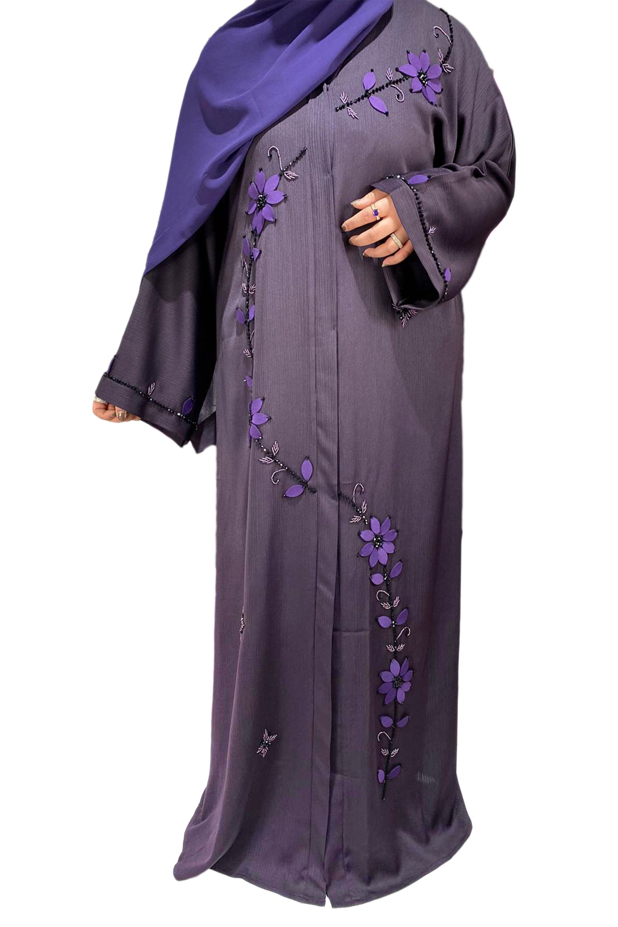 Purple Hand-Beaded Embellishments Open Abaya-almanaar Islamic Store