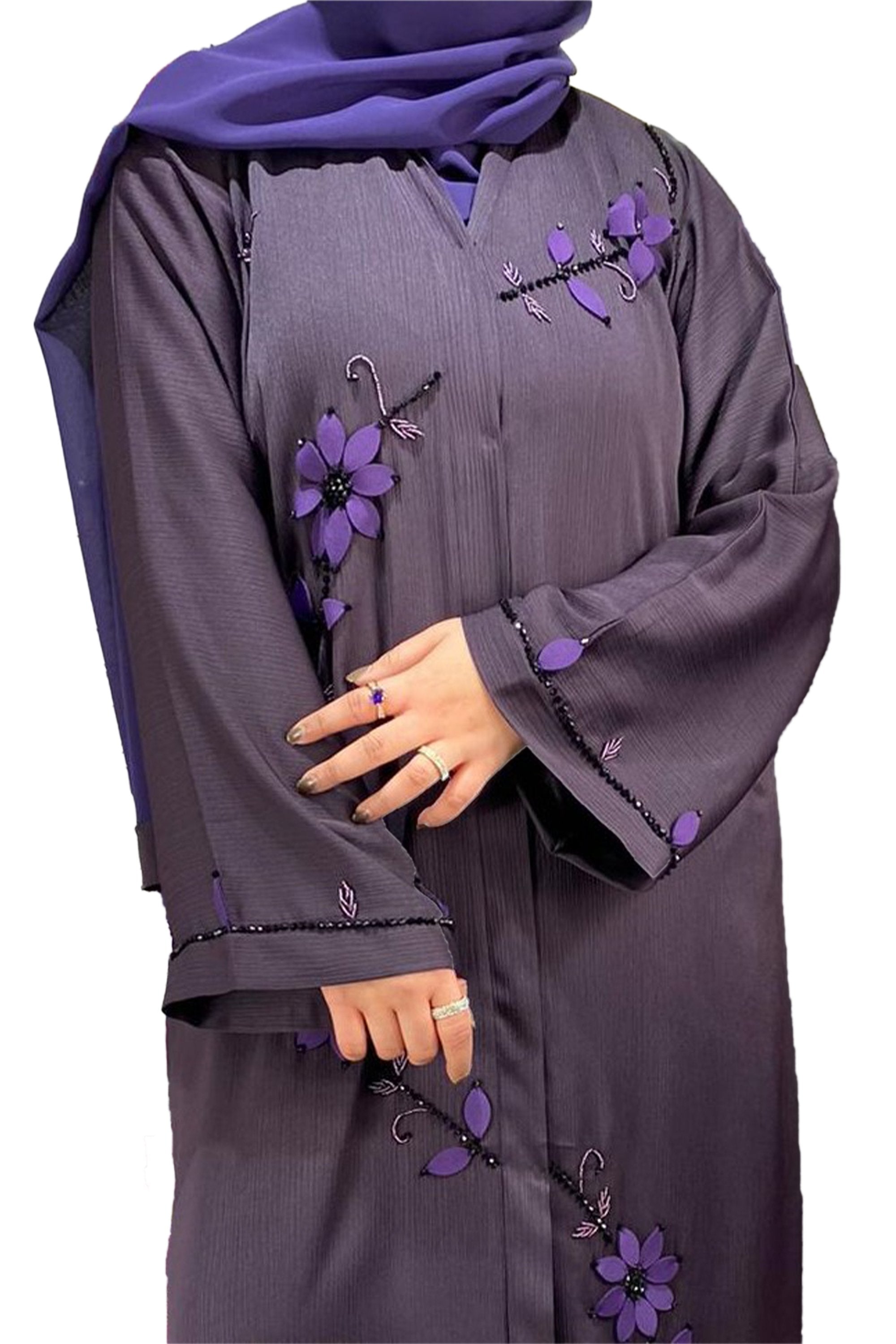 Purple Hand-Beaded Embellishments Open Abaya-almanaar Islamic Store