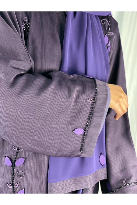 Purple Hand-Beaded Embellishments Open Abaya-almanaar Islamic Store