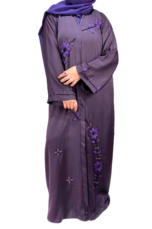 Purple Hand-Beaded Embellishments Open Abaya-almanaar Islamic Store