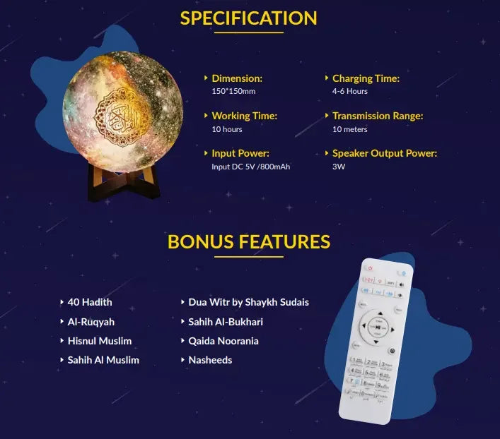 Quran Galaxy 3D Moon Light Lamp Player Speaker Remote Smart