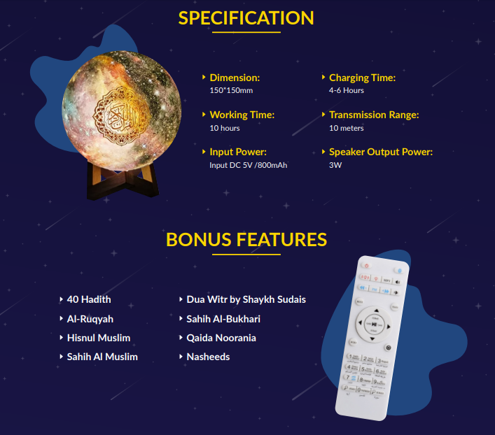 Quran Galaxy 3D Moon Light  Lamp Player Speaker - Remote & Smart App Control (QB-512)-almanaar Islamic Store