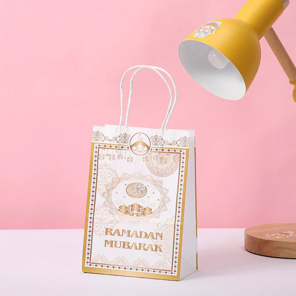 Ramadan Mubarak Kraft Paper Bag - White & Gold Geometric(5Pcs)-almanaar Islamic Store