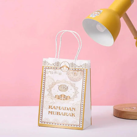 Ramadan Mubarak Kraft Paper Bag - White & Gold Geometric(5Pcs) - almanaar Islamic Store