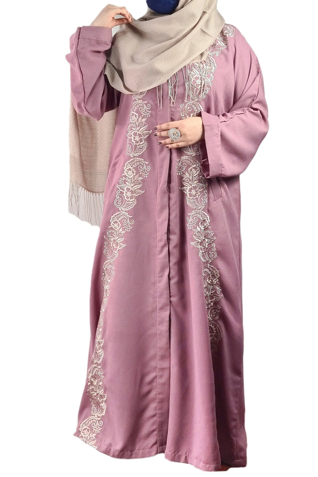 Rose Pink Exclusive Embroidered Open Abaya-almanaar Islamic Store