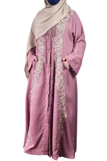 Rose Pink Exclusive Embroidered Open Abaya-almanaar Islamic Store