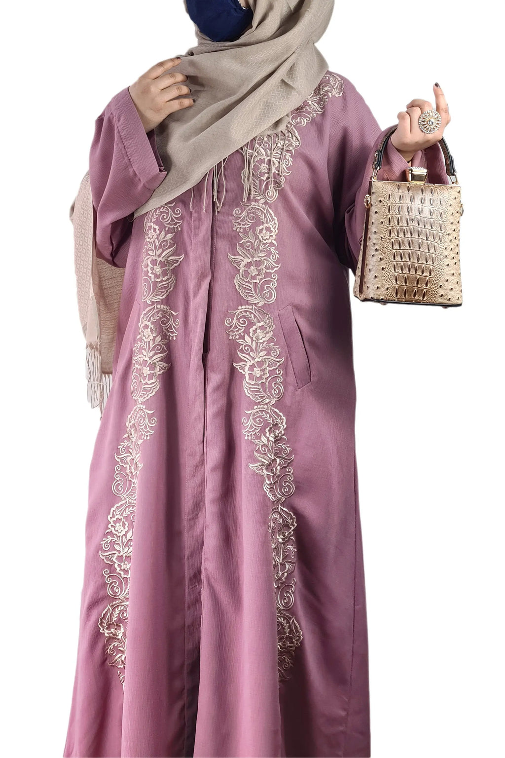 Rose Pink Exclusive Embroidered Open Abaya-almanaar Islamic Store