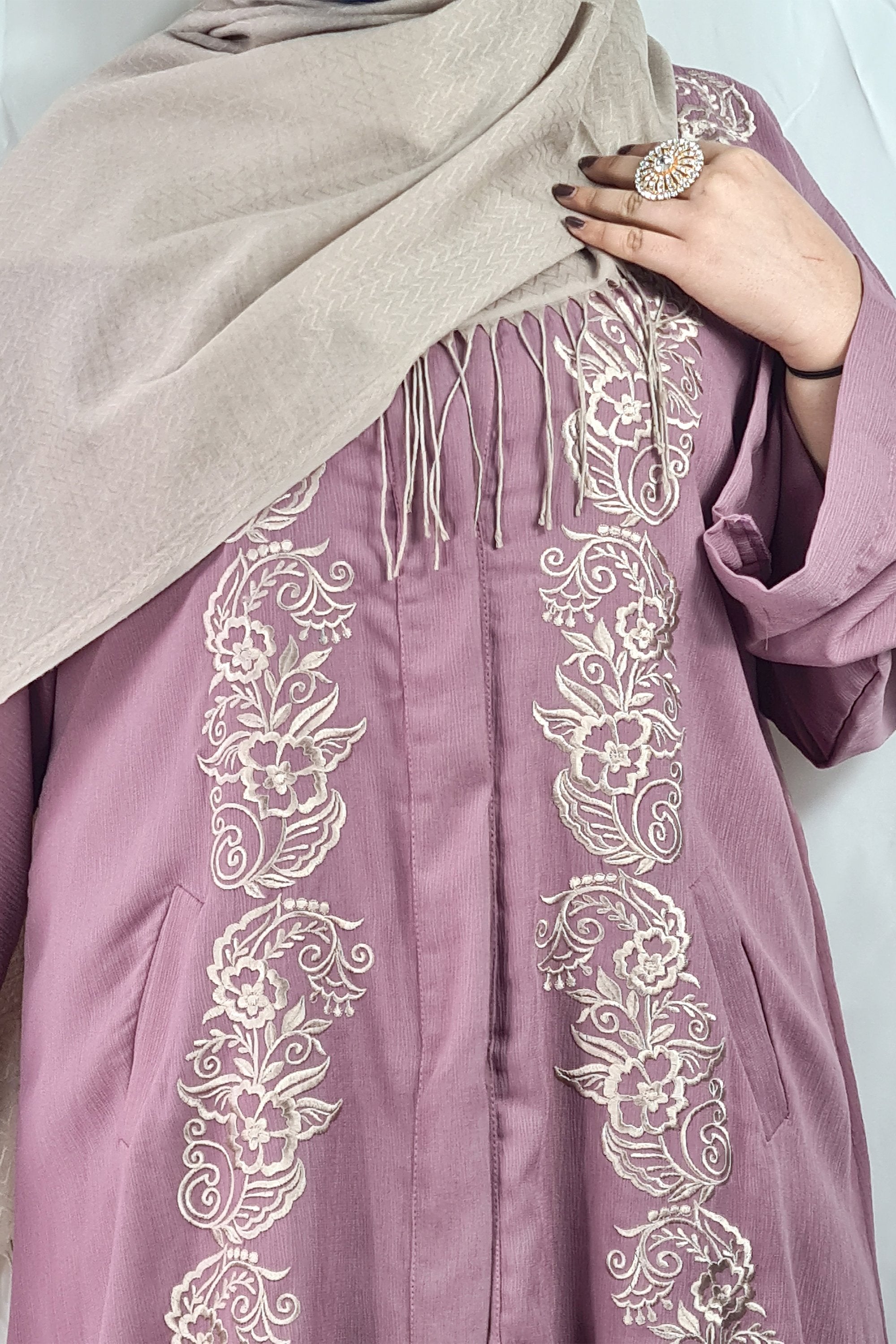 Rose Pink Exclusive Embroidered Open Abaya-almanaar Islamic Store