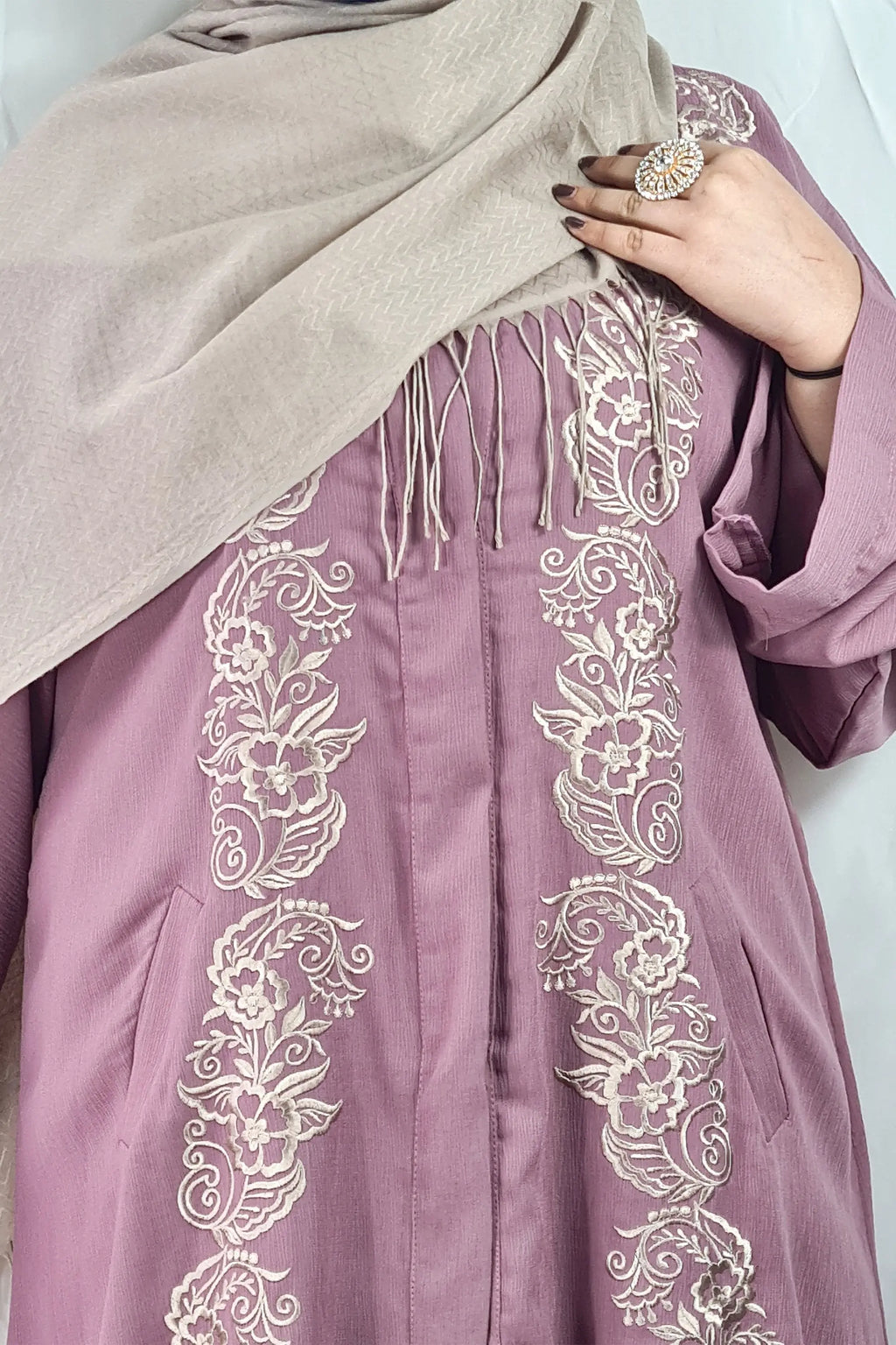 Rose Pink Exclusive Embroidered Open Abaya-almanaar Islamic Store