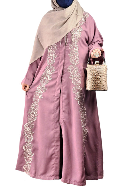Rose Pink Exclusive Embroidered Open Abaya-almanaar Islamic Store