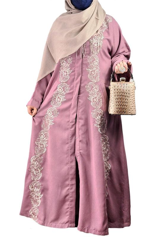 Rose Pink Exclusive Embroidered Open Abaya-almanaar Islamic Store