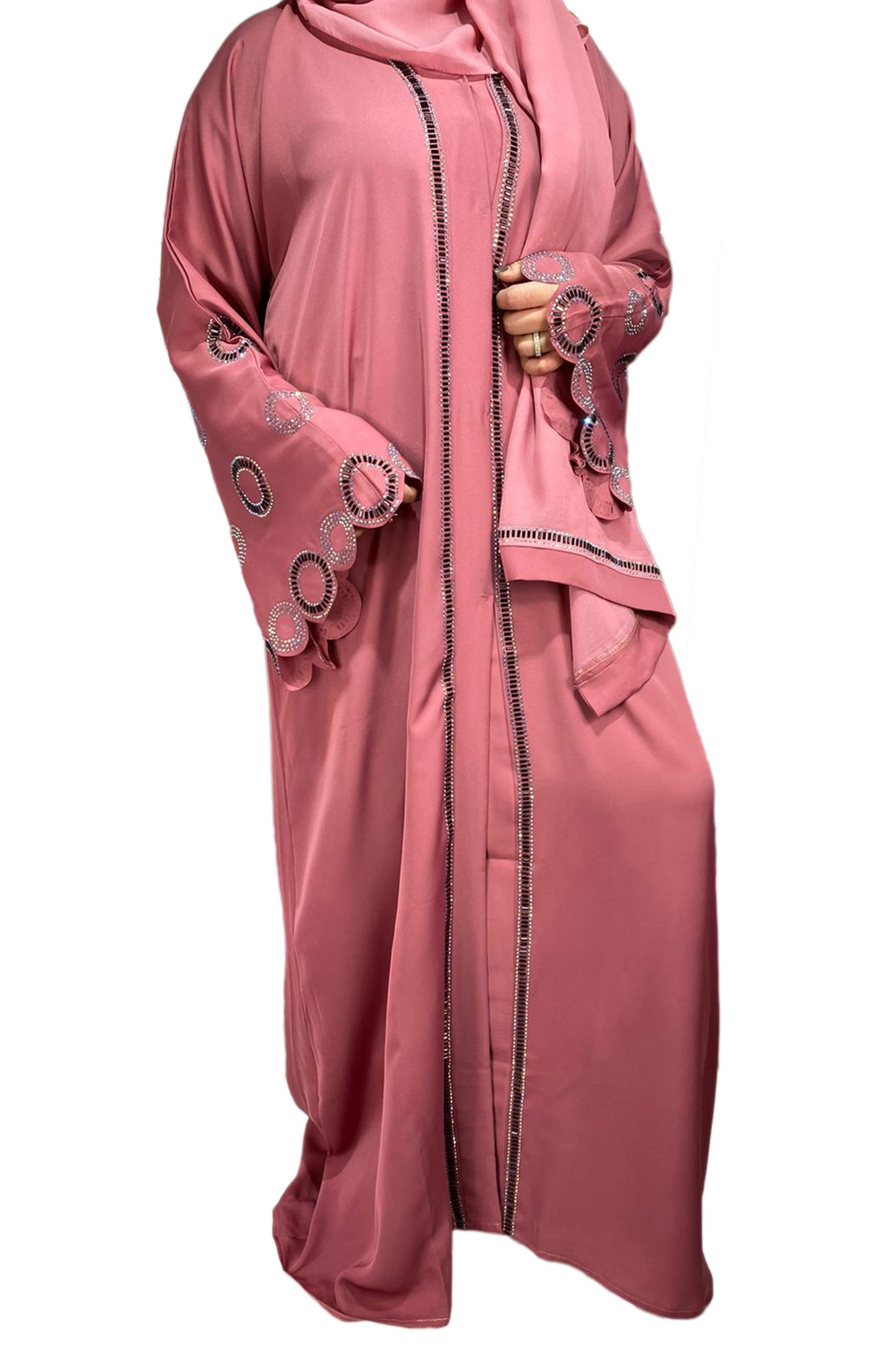 Rose Pink Exclusive Silver And Black Diamante Hand Crafted Abaya-almanaar Islamic Store