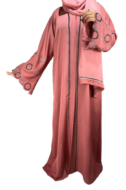 Rose Pink Exclusive Silver And Black Diamante Hand Crafted Abaya-almanaar Islamic Store