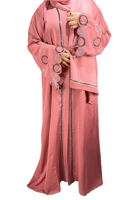 Rose Pink Exclusive Silver And Black Diamante Hand Crafted Abaya-almanaar Islamic Store