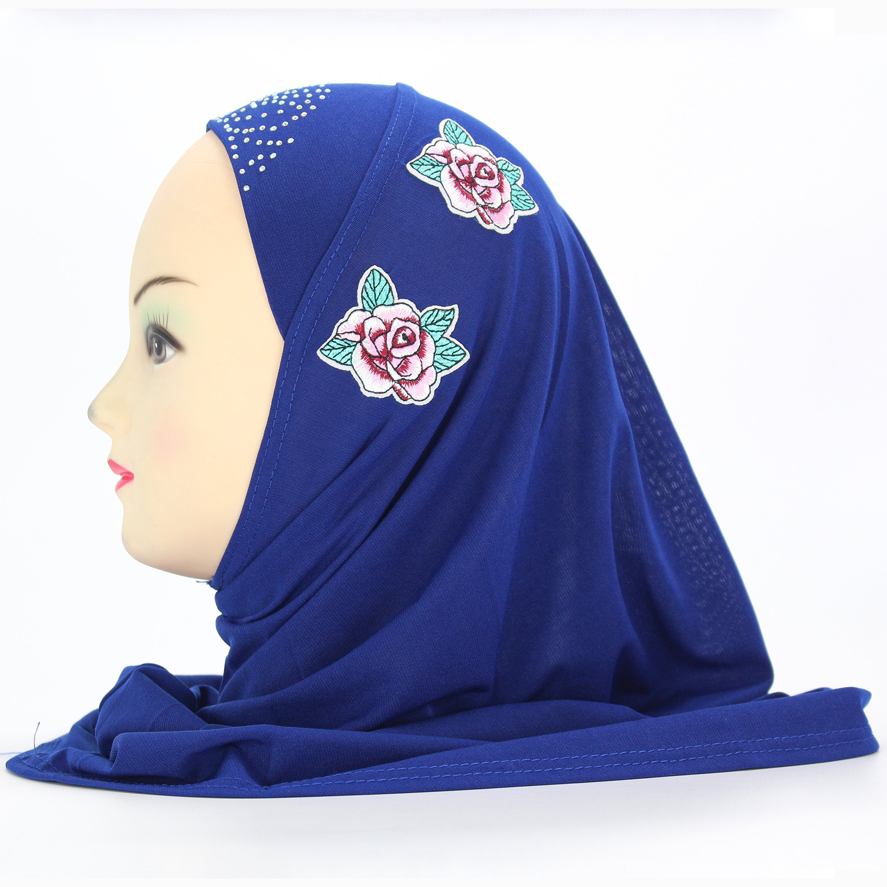 Roses and Jewels designed slip-on Hijab for Kids (BLUE)-almanaar Islamic Store