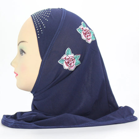 Roses and Jewels designed slip-on Hijab for Kids (NAVY)-almanaar Islamic Store