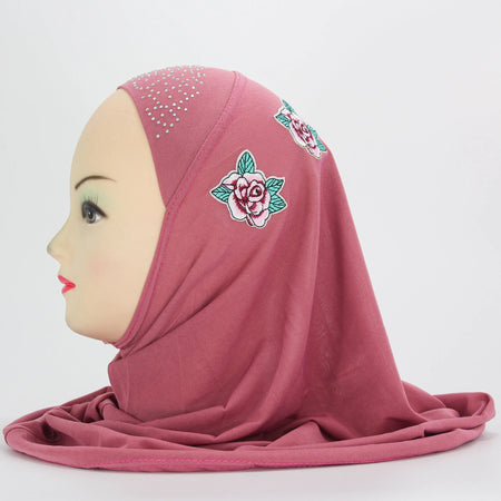 Roses and Jewels designed slip-on Hijab for Kids (PINK)-almanaar Islamic Store