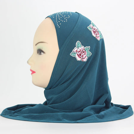 Roses and Jewels designed slip-on Hijab for Kids (TEAL)-almanaar Islamic Store