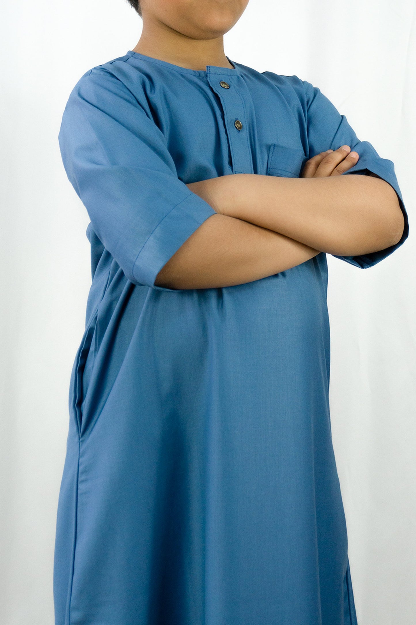 Short Sleeve Matte Kids Thobe-Blue-almanaar Islamic Store