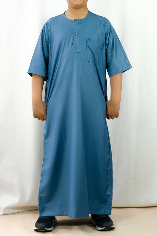 Short Sleeve Matte Kids Thobe-Blue-almanaar Islamic Store