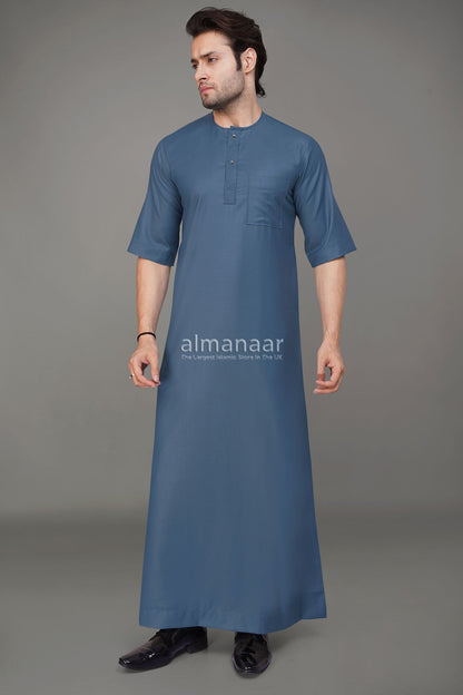 Sky Blue Short Sleeve Thobe With Buttons-almanaar Islamic Store