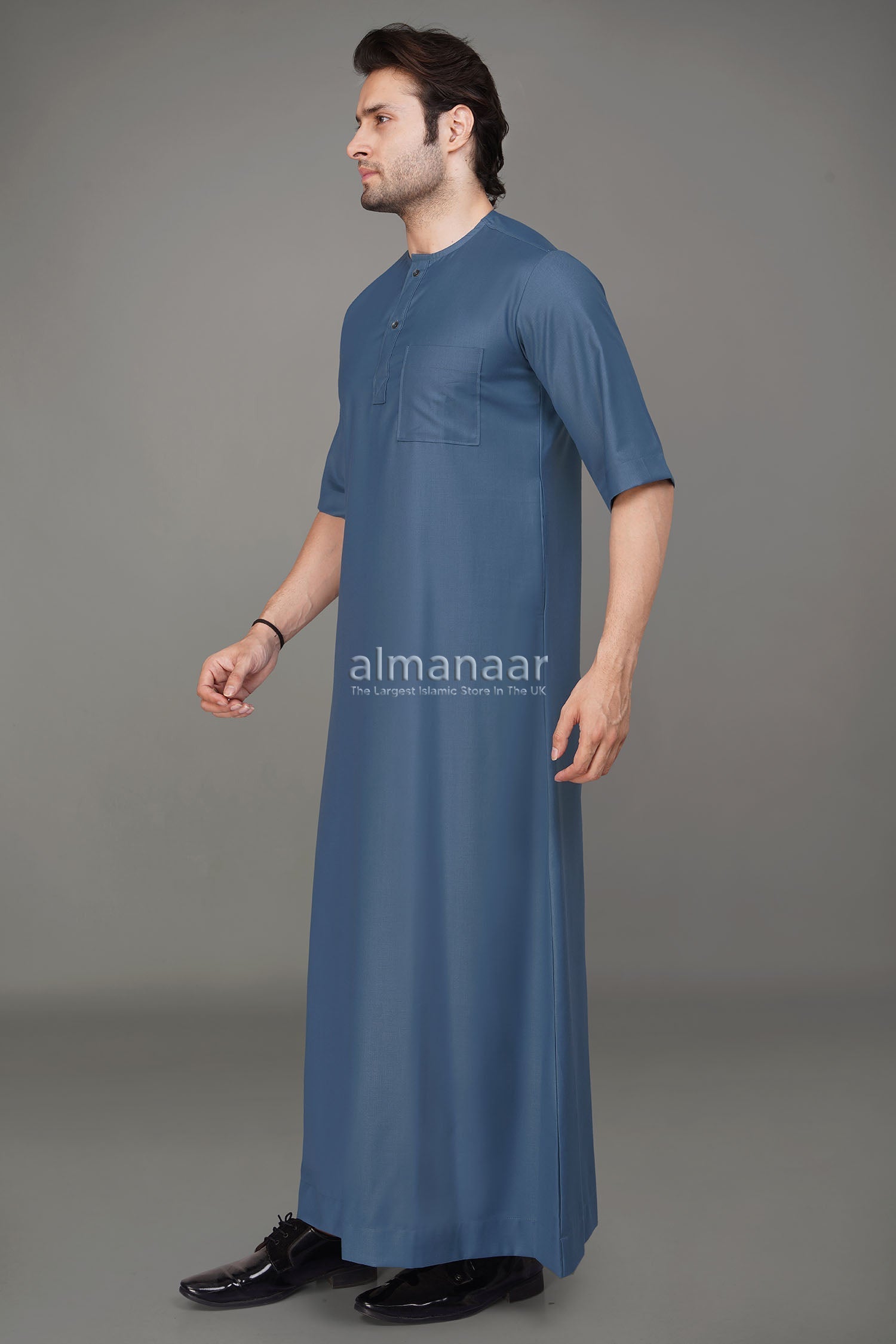 Sky Blue Short Sleeve Thobe With Buttons-almanaar Islamic Store