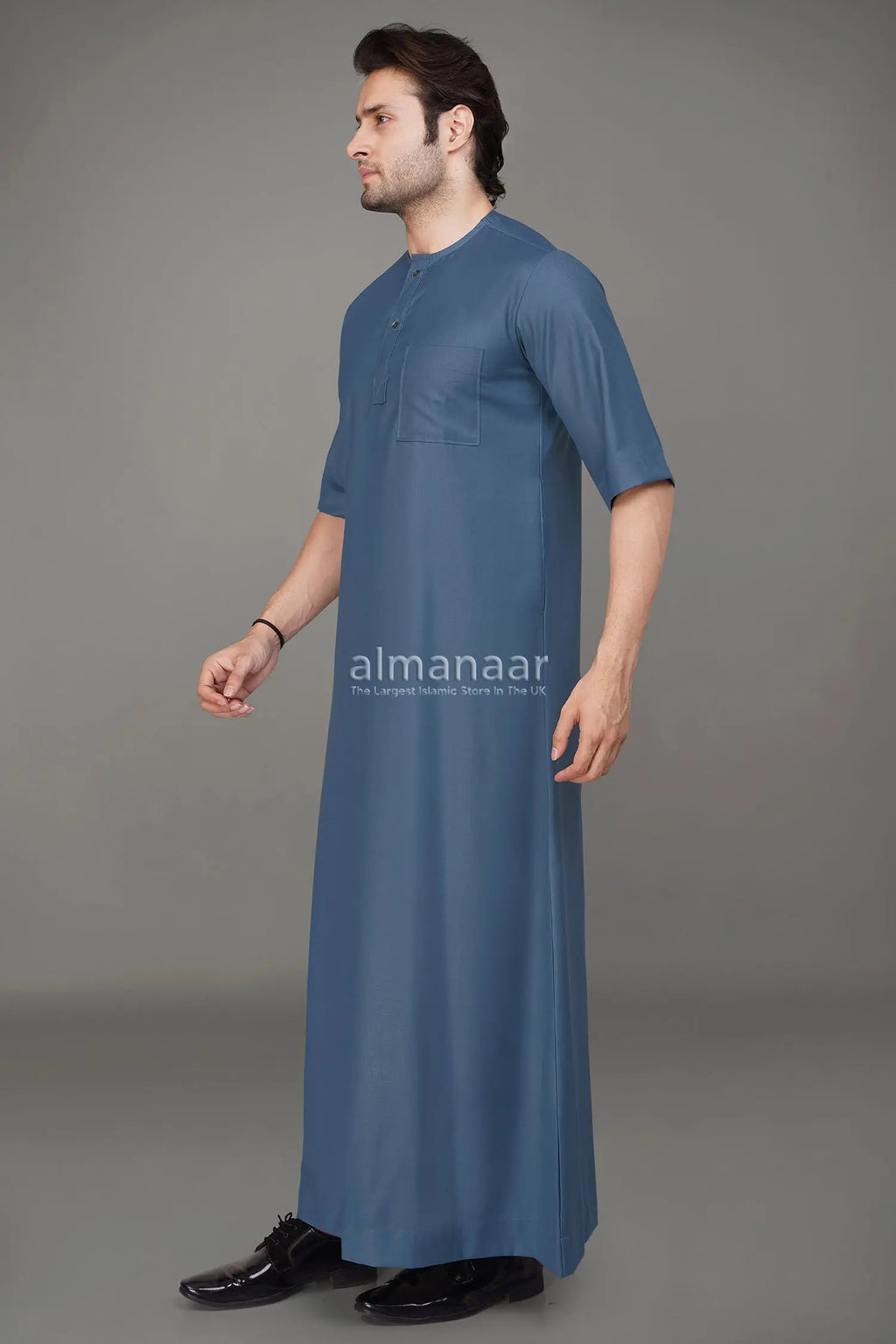 Sky Blue Short Sleeve Thobe With Buttons-almanaar Islamic Store