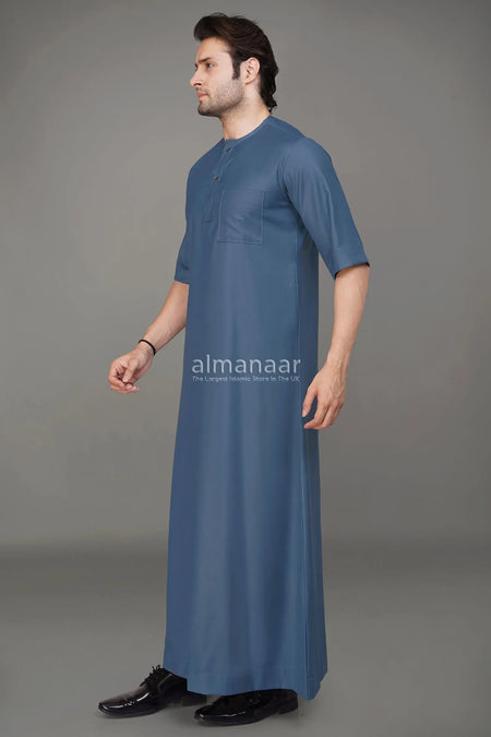 Sky Blue Short Sleeve Thobe With Buttons-almanaar Islamic Store