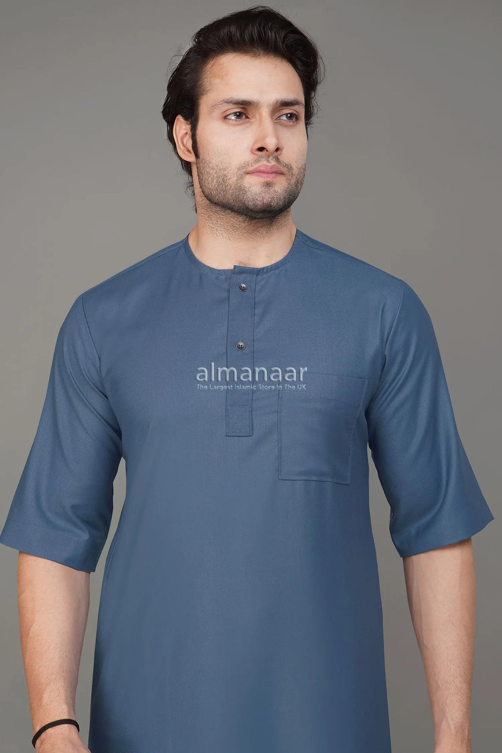 Sky Blue Short Sleeve Thobe With Buttons-almanaar Islamic Store