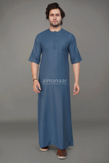 Sky Blue Short Sleeve Thobe With Buttons-almanaar Islamic Store