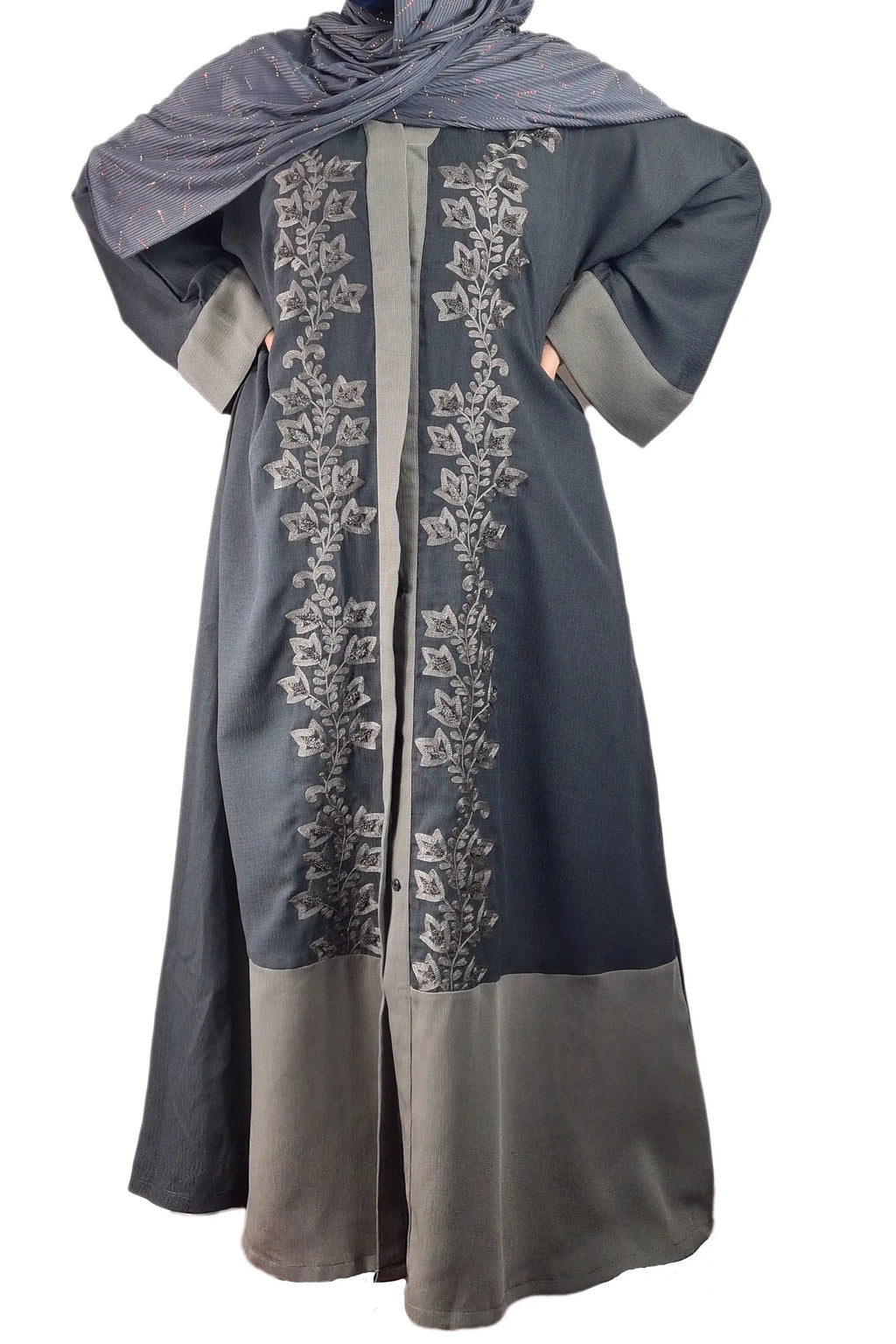 Stone & Dark Grey Exclusive Embroidered Open Abaya-almanaar Islamic Store