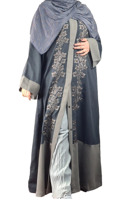 Stone & Dark Grey Exclusive Embroidered Open Abaya-almanaar Islamic Store