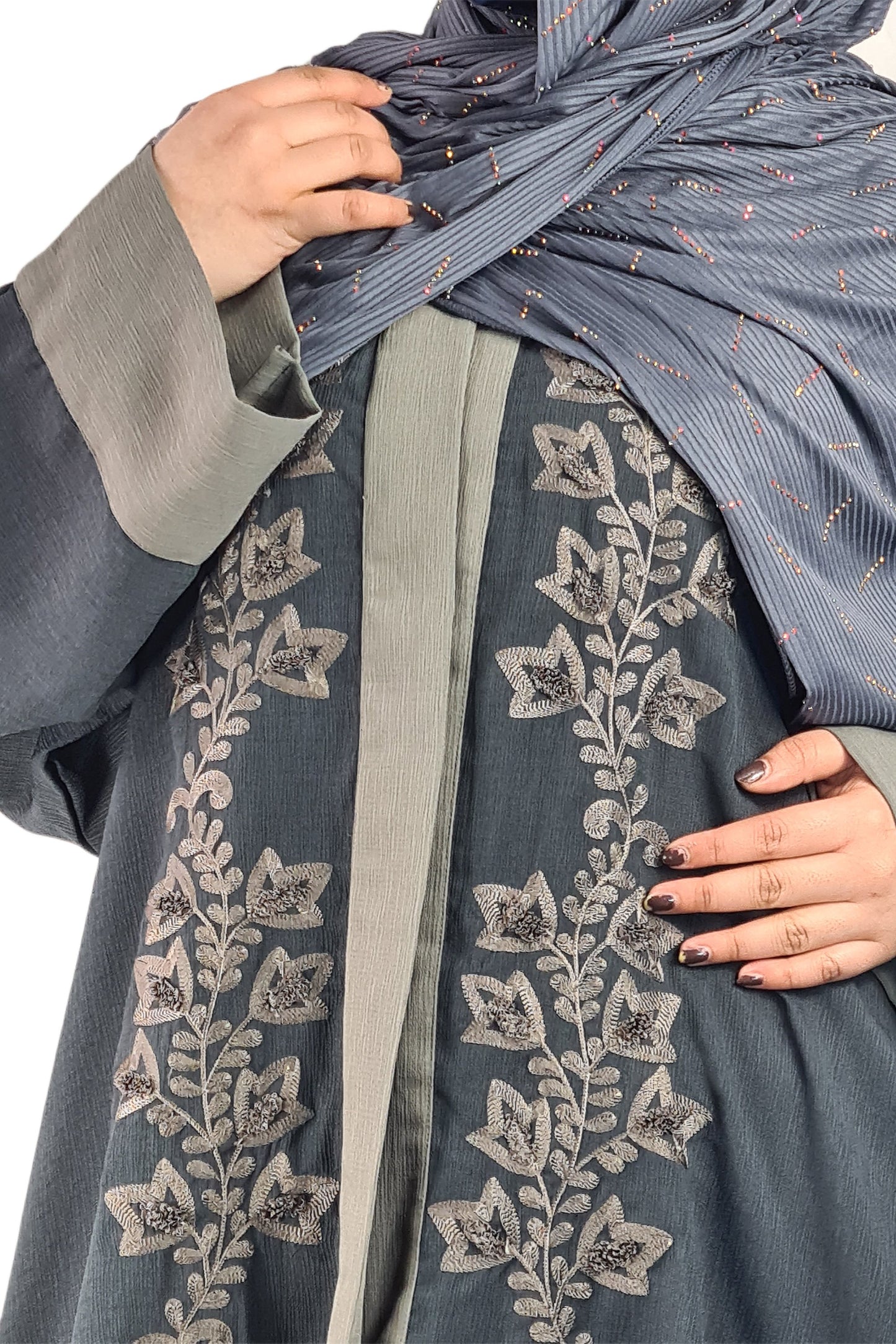 Stone & Dark Grey Exclusive Embroidered Open Abaya-almanaar Islamic Store