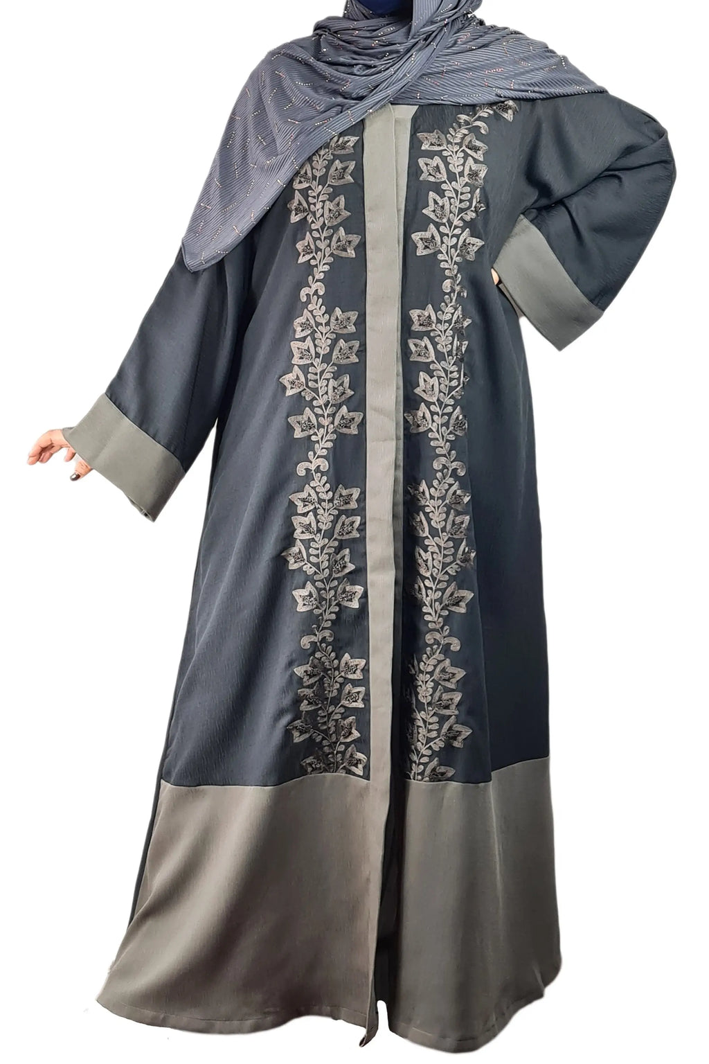 Stone & Dark Grey Exclusive Embroidered Open Abaya-almanaar Islamic Store